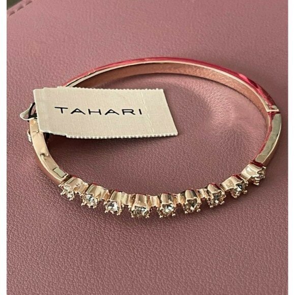 Tahari Rose-Gold Crystal Row Hinge Bangle Bracelet - Picture 2 of 4